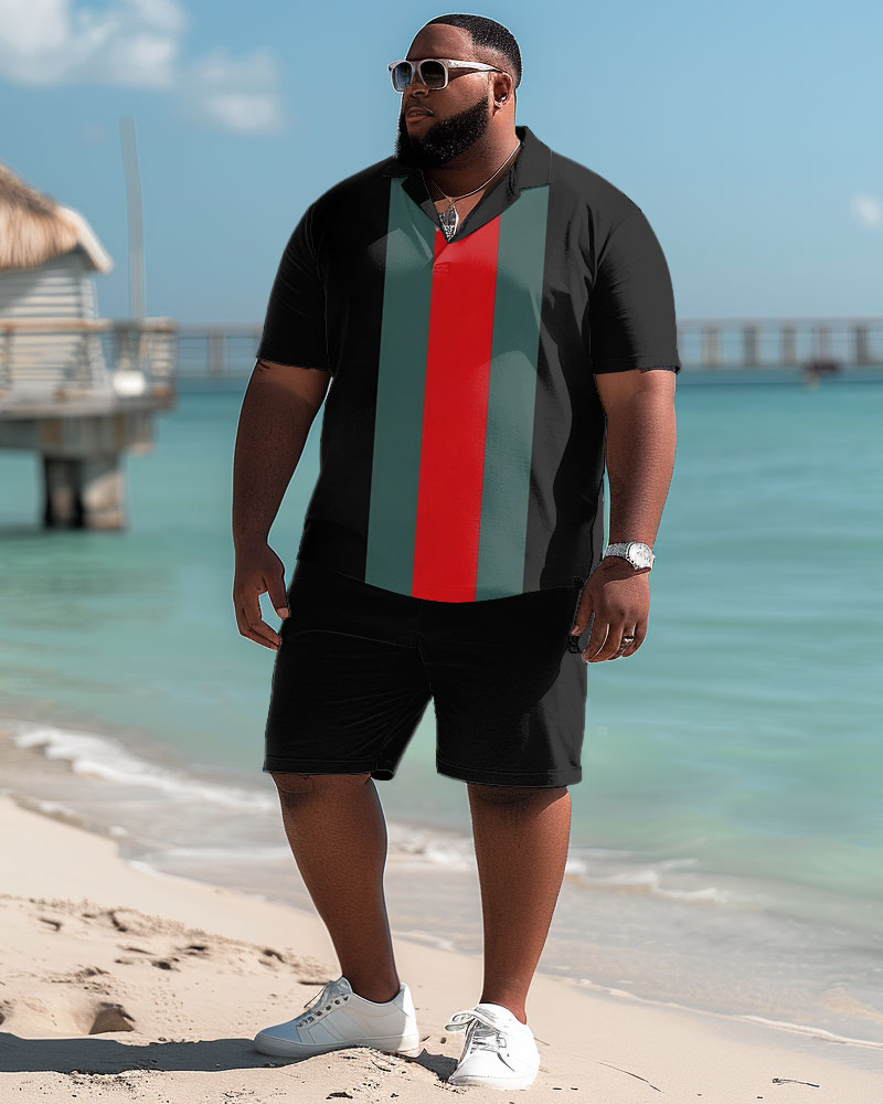 Men's Plus Size Casual Simple Striped Colorblock Print Polo Shorts Set