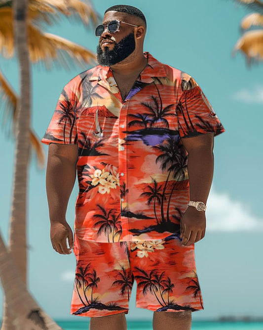 Men's Plus Size Hawaiian Sunset Coconut Tree Gradient Print Shirt Shorts Set