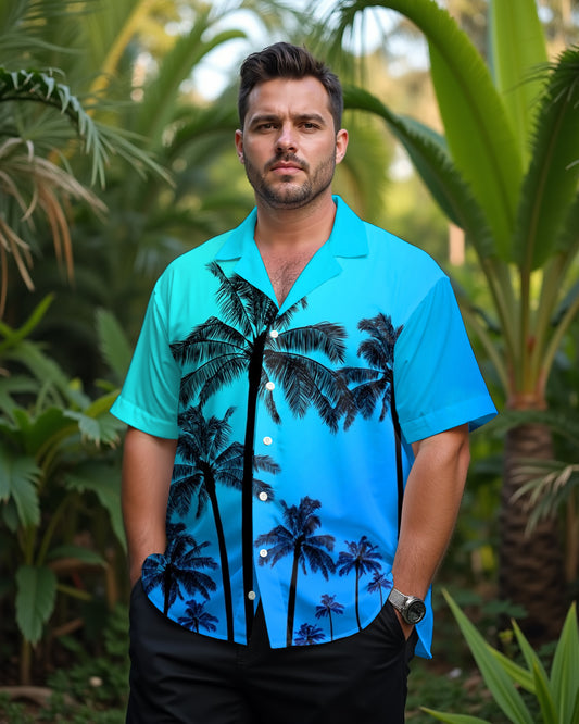 Hawaiian Casual Big Brown Tree Gradient Blue Men's Plus Size Cuban Nearline Short Sleeve Shirt