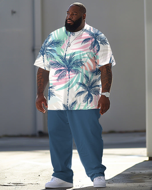 Men's Large Casual Summer Coconut Tree Print T-Shirt Pants Suit