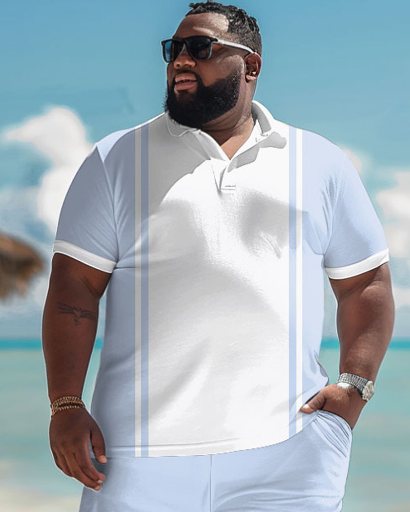 Men's Plus Size Simple Light Blue Stripe Print Polo Shorts Set