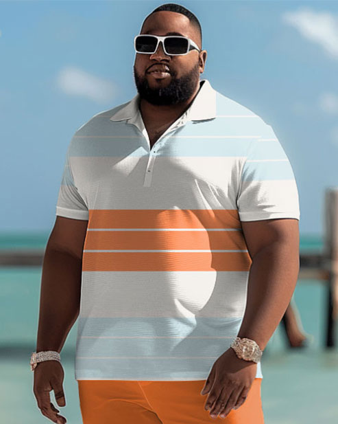 Men's Plus Size Casual Simple Colorblock Striped Polo Shorts Set