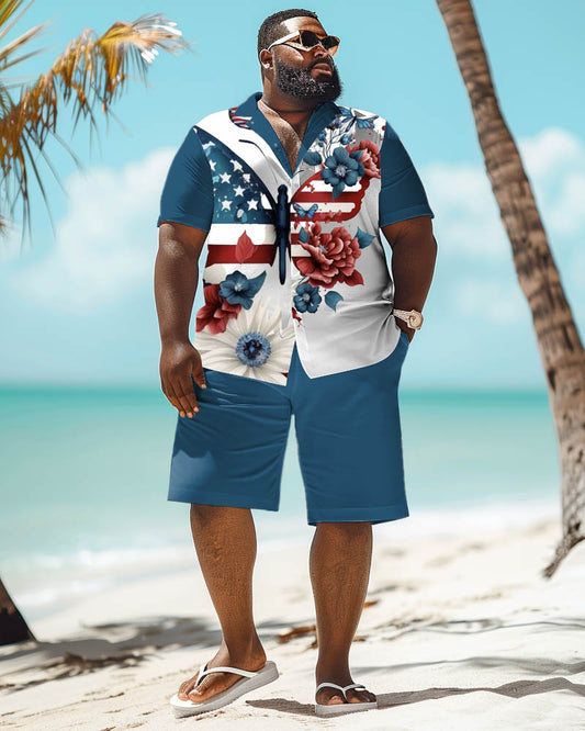 Men's Plus Size Independence Day Flag Gesture Print Short Sleeve Shirt Shorts Suit