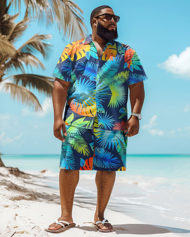 Men's Plus Size Hawaiian Tropical Plant Print Shirt Shorts Suit