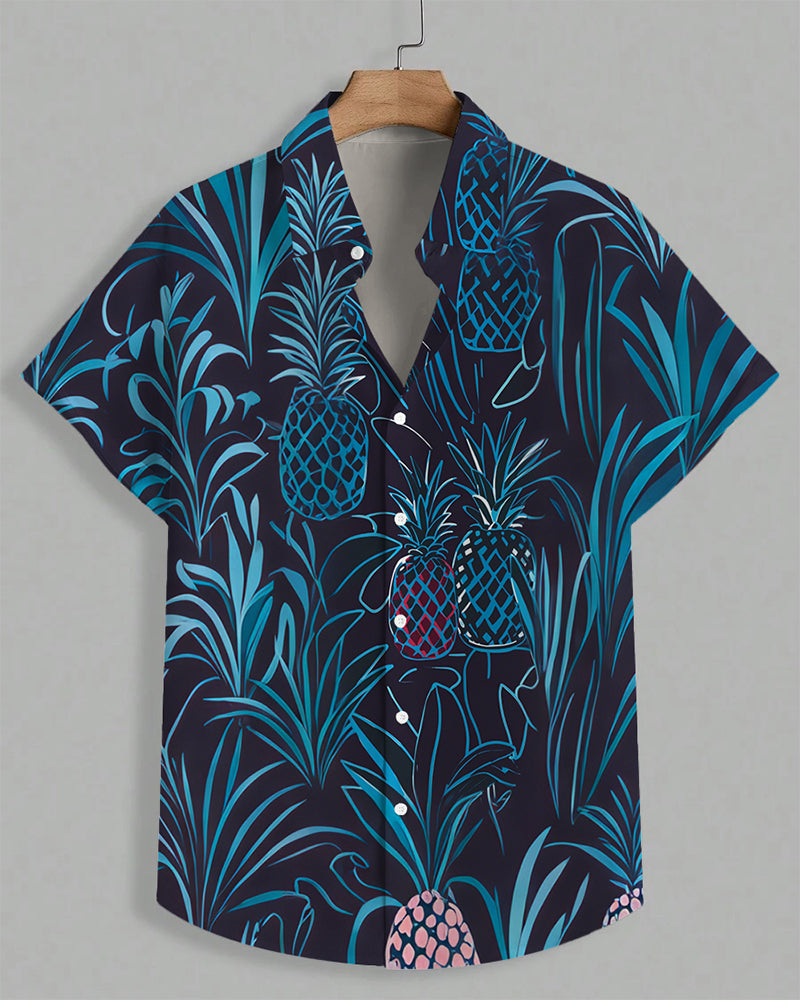 Men's Plus Size Hawaiian Tropical Pineapple Line Short Sleeve Shirt