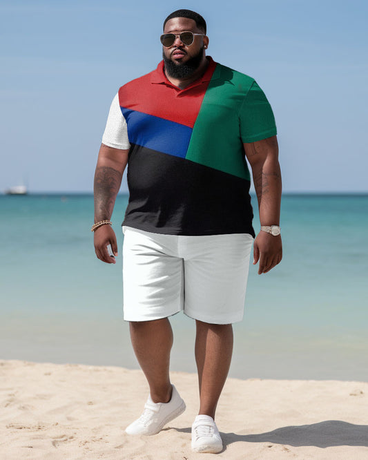 Men's Plus Size Simple Colorblock Print Short Sleeve Pol Shirt Shorts Suit