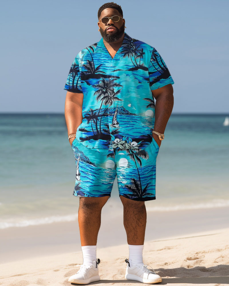 Big Guys Hawaiian Seaside Coconut Tree Print Shirt Shorts Set