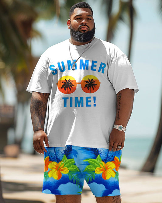 Men's Plus Size Hawaiian Glasses Floral Print T-Shirt Shorts Set