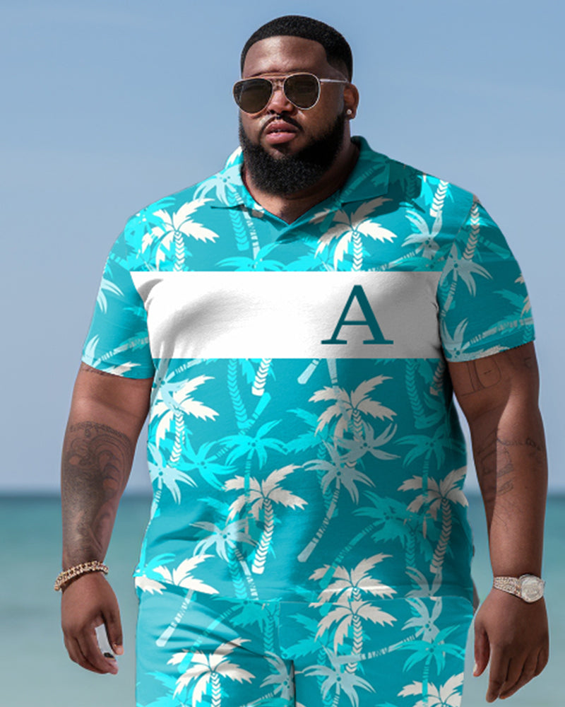 Men's Plus Size Hawaiian Tropical Plant Alphabet Print Polo Shirt Shorts Suit