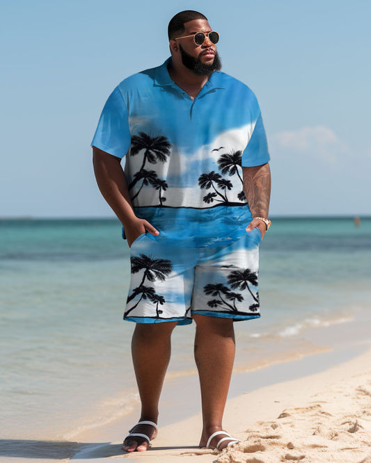 Men's Large Size Hawaiian Blue Sky Coconut Tree Polo Shirt and Shorts Two-piece Set