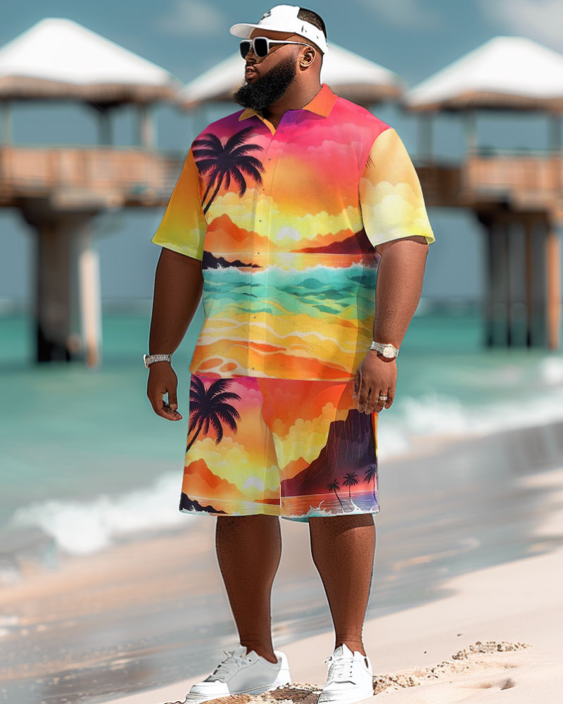 Men's Plus Size Hawaiian Sunset Gradient Coconut Print Short Sleeve Shirt Shorts Suit