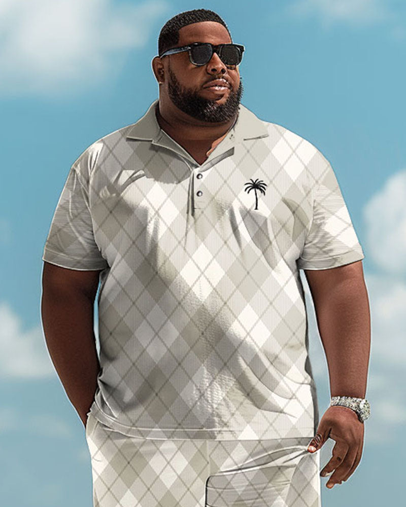 Men's Plus Size Simple Diamond Print Polo Shorts Suit