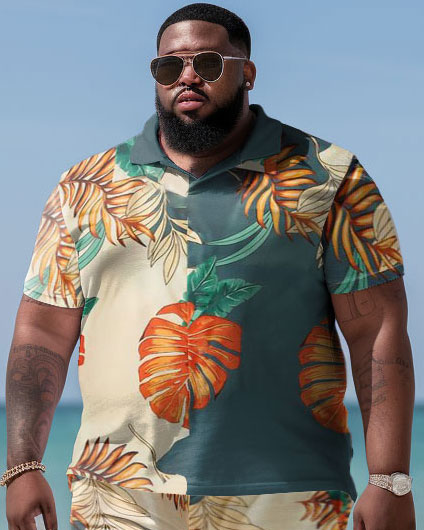 Men's Plus Size Hawaiian Color Block Maple Leaf Polo Shirt and Shorts Two-piece Set