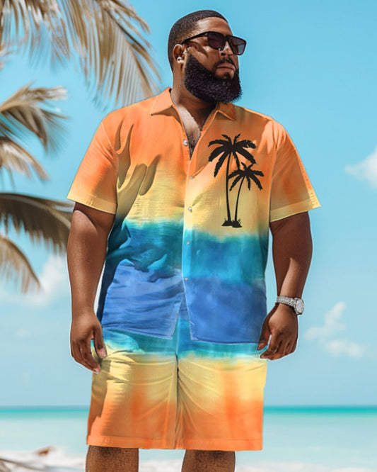 Men's Plus Size Hawaiian Gradient Coconut Tree Print Shirt Shorts Set