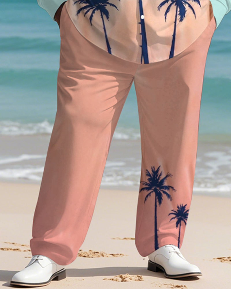 Men's Plus Size Hawaiian Orange Coconut Tree Gradient Print Long Sleeve Shirt Trousers Suit