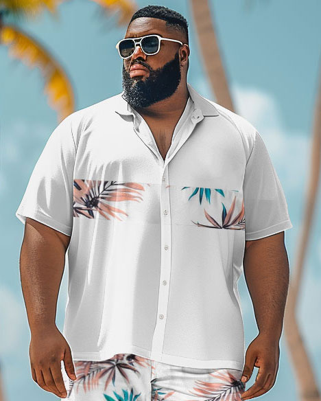 Men's Plus Size Simple Hawaiian Plant Print Shirt Shorts Suit