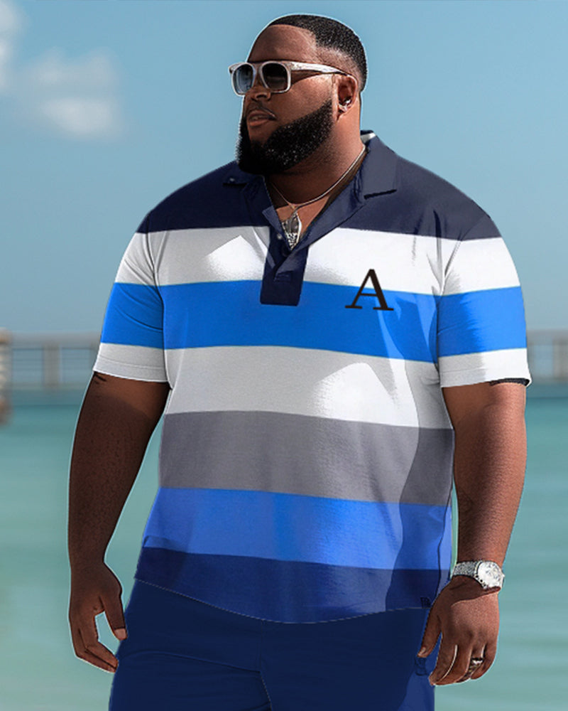 Men's Plus Size Versatile Simple Colorblock Polo Shirt Shorts Set