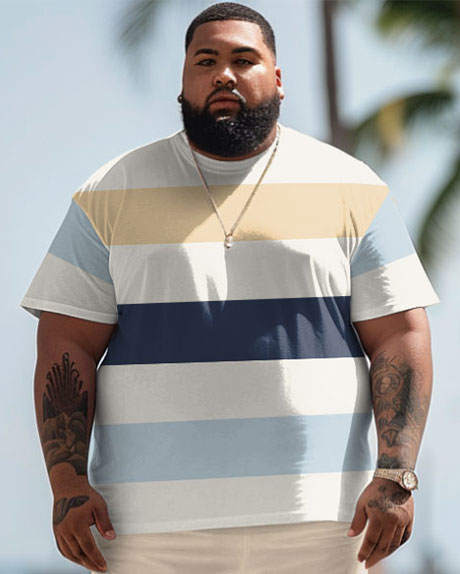 Men's Plus Size Hawaiian Simple Stripe Print T-Shirt Shorts Set