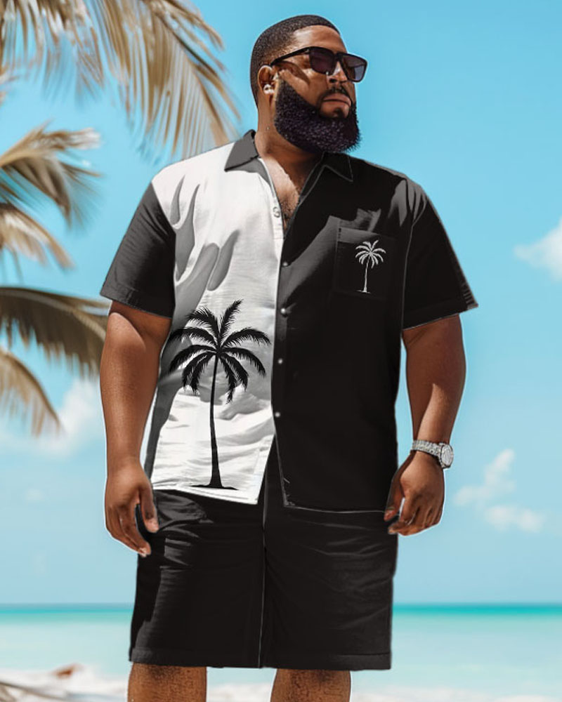 Men's Plus Size Hawaiian Black And White Coconut Tree Print Pocket Shirt Shorts Set