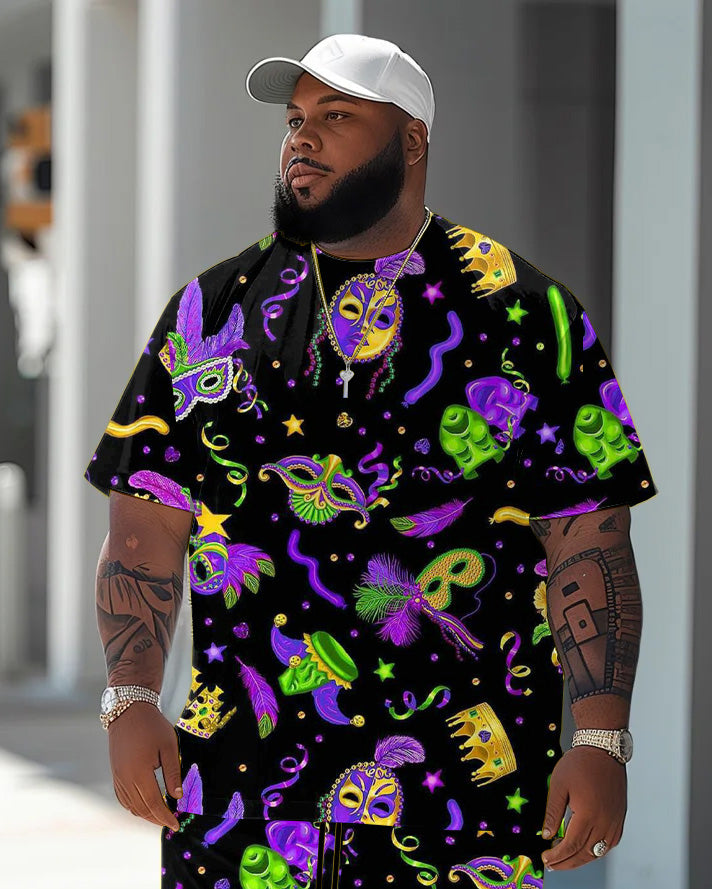 Men's Plus Size Orleans Mardi Gras Print T-Shirt Shorts Suit