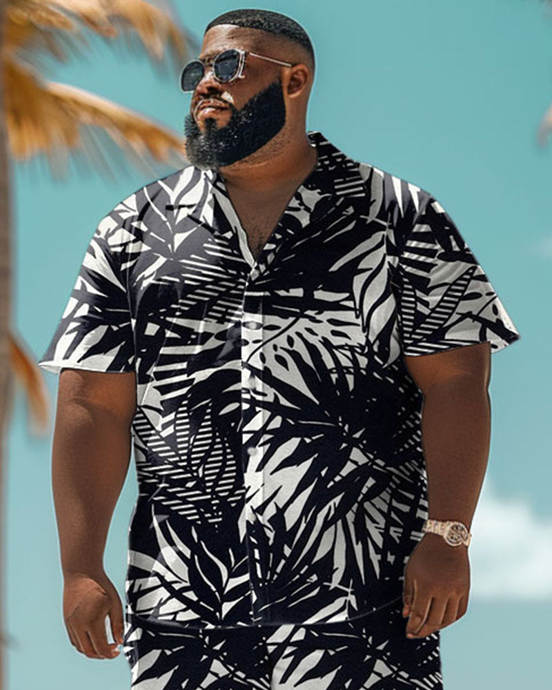 Men's Plus Size Hawaiian Black Palm Leaf Print Shirt Shorts Suit