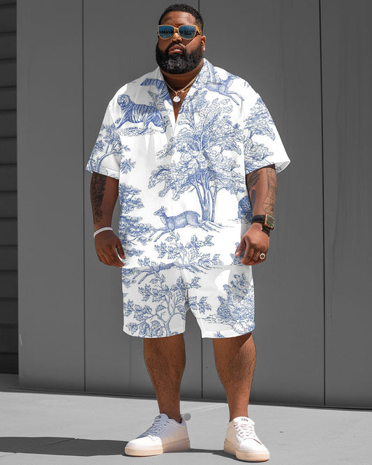 Men's Plus Size Street Fashion Nature Print Short Sleeve Shirt Shorts Suit