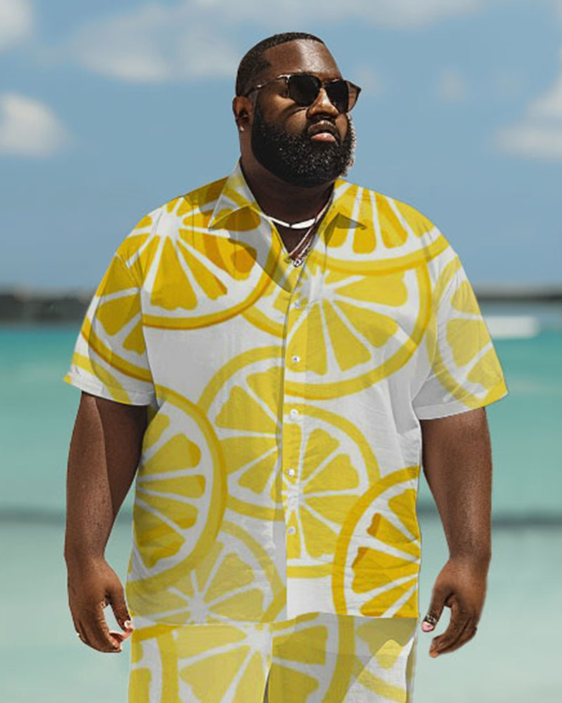 Men's Plus Size Hawaiian Lemon Print Short Sleeve Shirt Trousers Suit