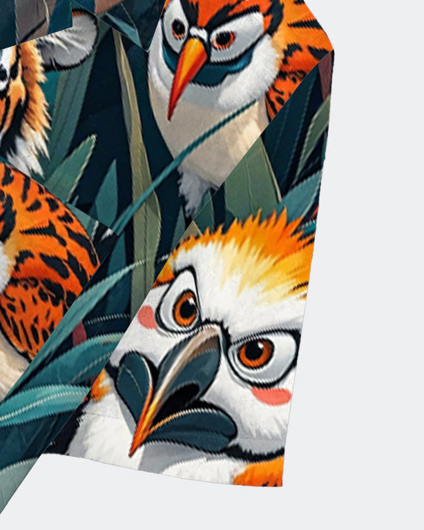 Men's Cartoon Tiger and Bird Print Hawaiian Cuban Collar Short Sleeve Shirt