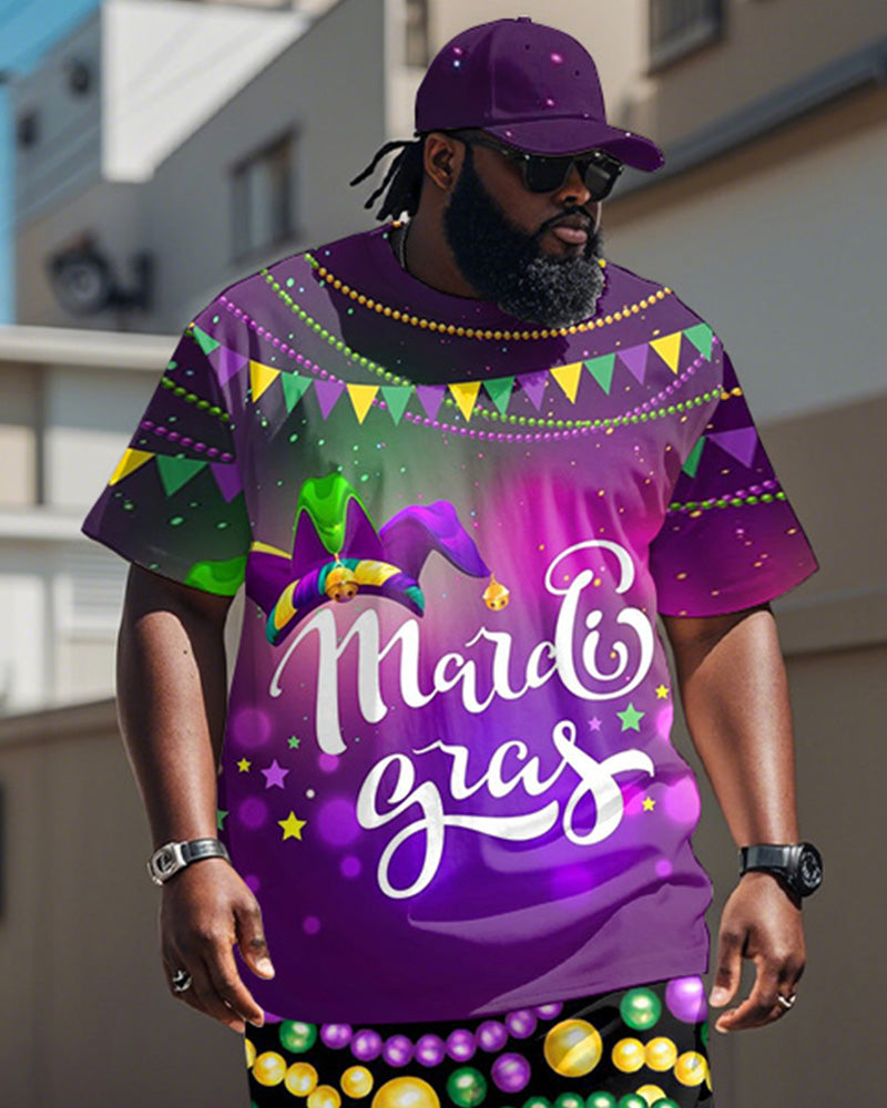 Men's Plus Size Orleans Mardi Gras Purple Bunting Print T-Shirt Trousers Suit