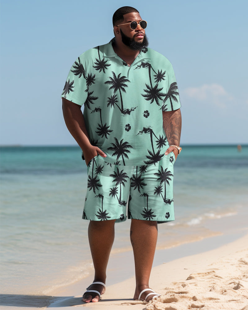 Hawaiian Coconut Tree Pattern Colorblock Shorts Men's Plus Size Set