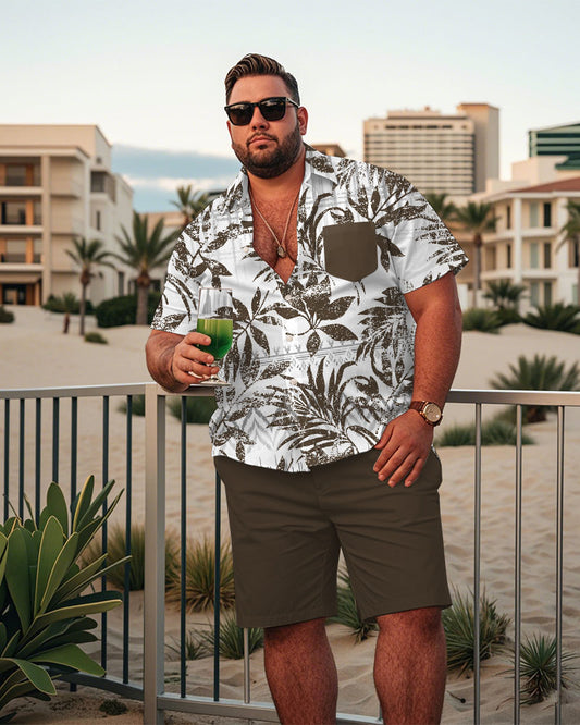 Men's Plus Size Hawaiian Tropical Palm Leaf Geometric Green Print Shirt Shorts Suit