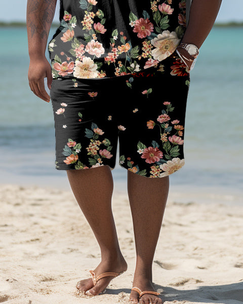 Men's Plus Size Hawaiian Art Floral Polo Shirt And Shorts Two-Piece Set