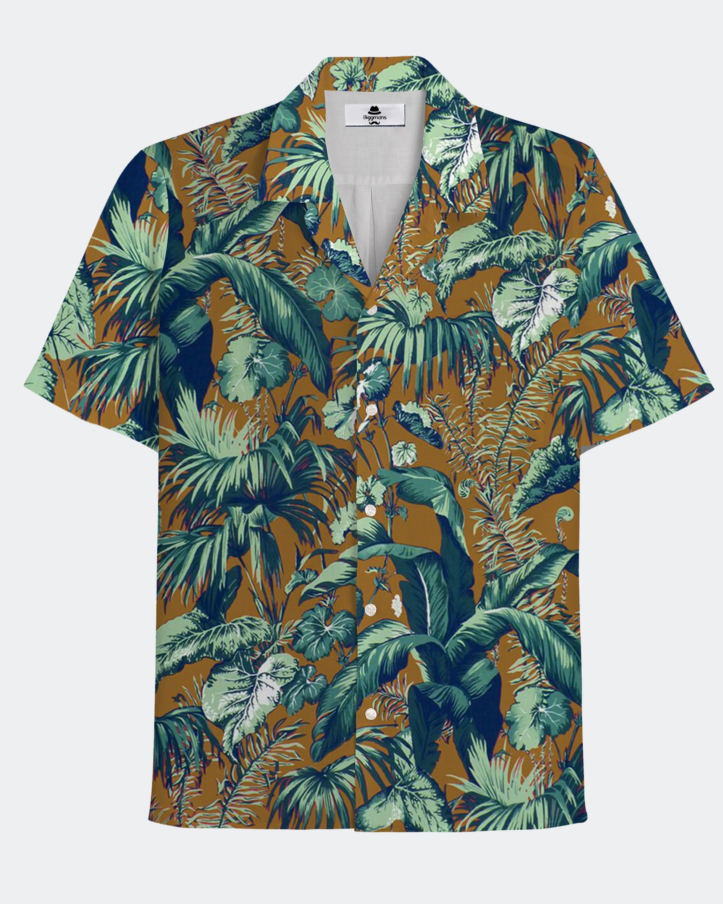 Hawaiian Casual Khaki Big Brown Tree Men's Plus Size Cuban Nearline Short Sleeve Shirt