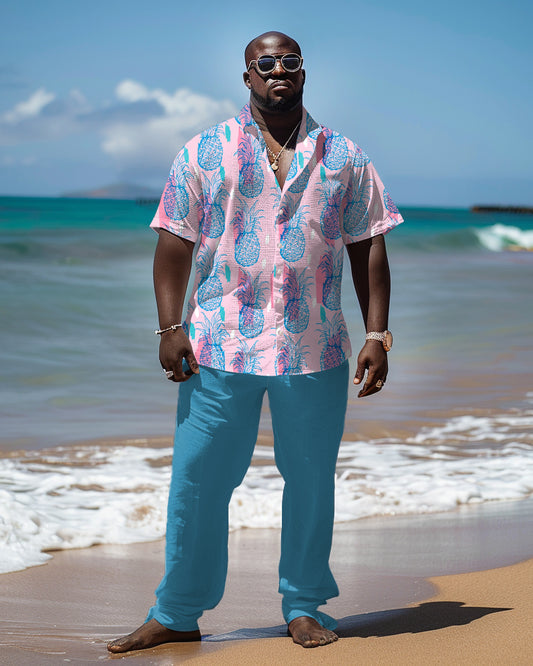 Men's Plus Size Hawaiian Floral Print Short Sleeve Shirt Trousers Suit