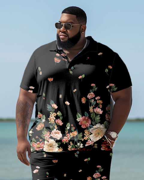 Men's Plus Size Hawaiian Art Floral Polo Shirt And Shorts Two-Piece Set