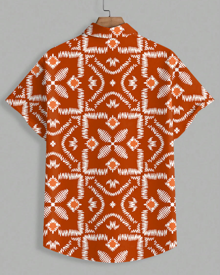 Men's Plus Size Hawaiian Orange Embroidered Textured Traditional Art Print Short Sleeve Shirt