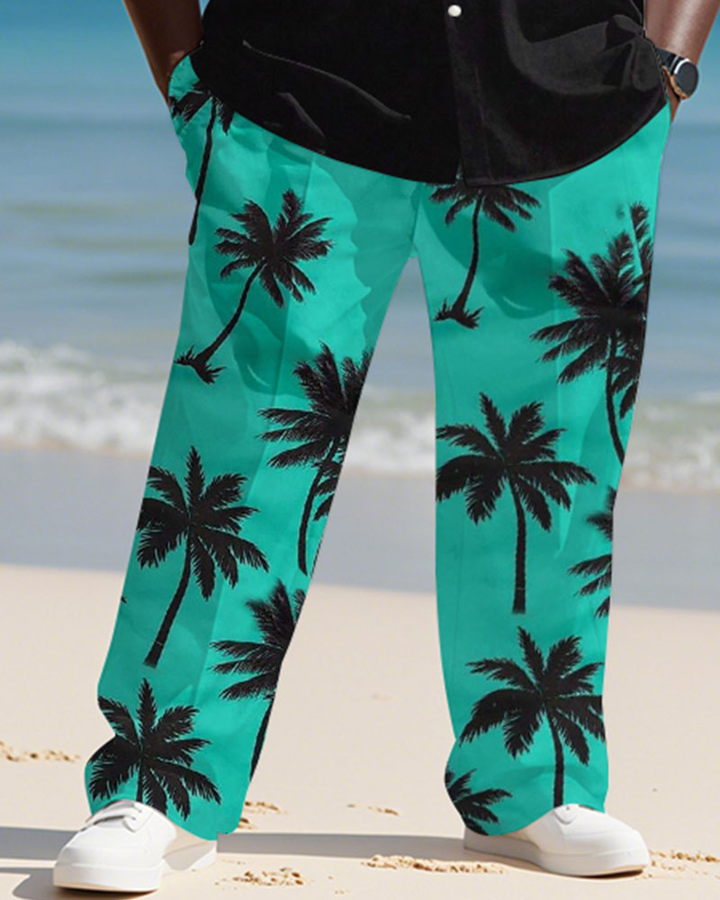 Men's Plus Size Hawaiian Green Patchwork Coconut Tree Print Long Sleeve Shirt Trousers Suit