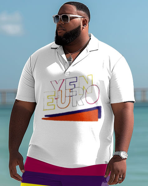 Men's Plus Size Casual Simple Colorblock English Print Polo Shorts Suit