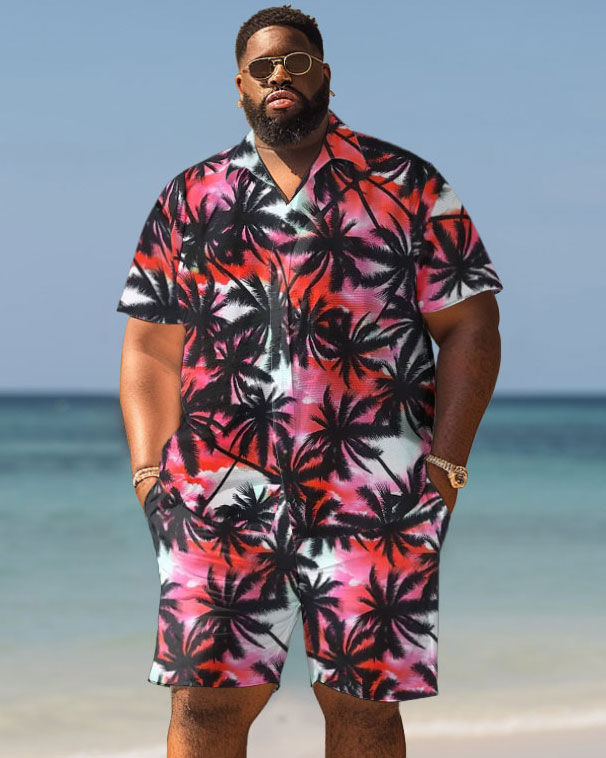 Men's Plus Size Hawaiian Coconut Tree Gradient Print Shirt Shorts Suit