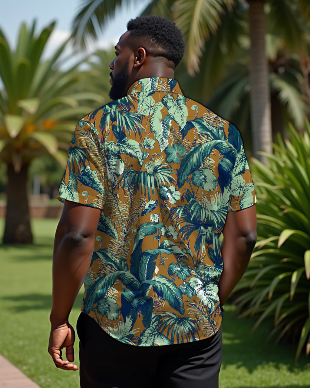 Hawaiian Casual Khaki Big Brown Tree Men's Plus Size Cuban Nearline Short Sleeve Shirt