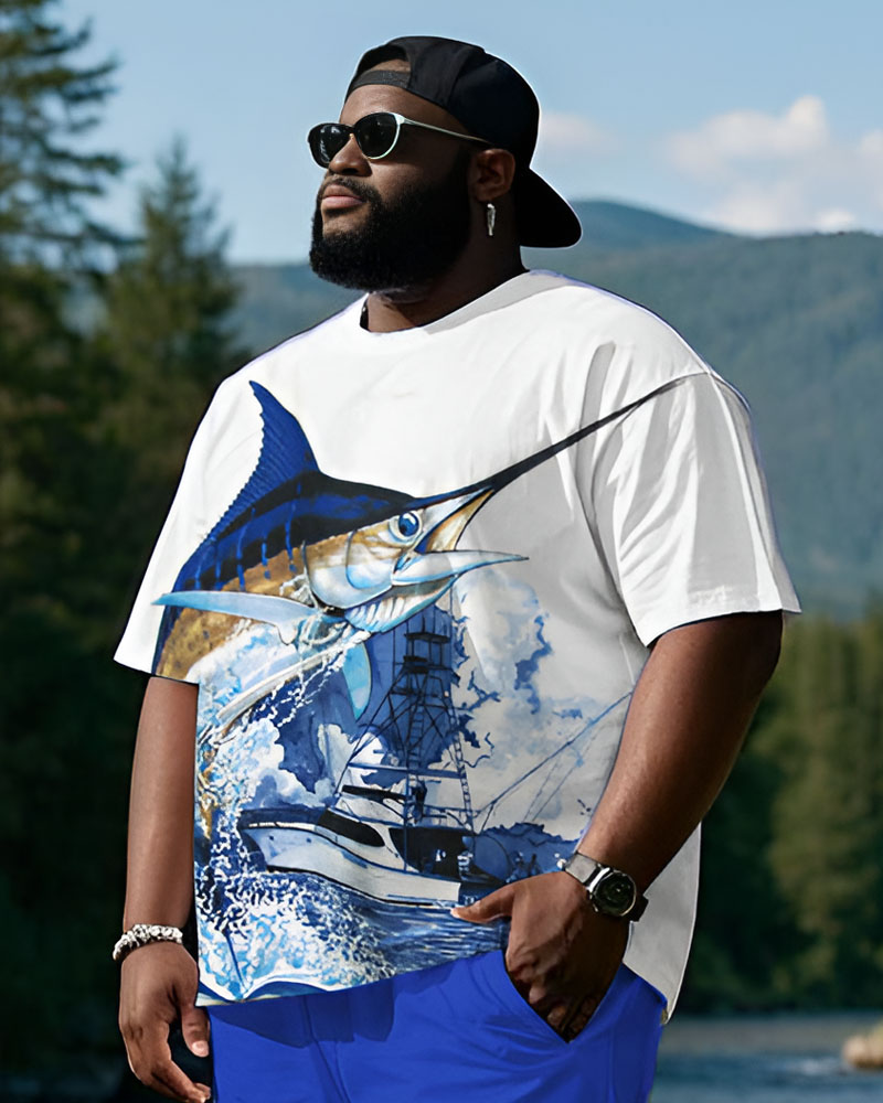 Men's Plus Size Fish Print T-shirt Shorts Suit