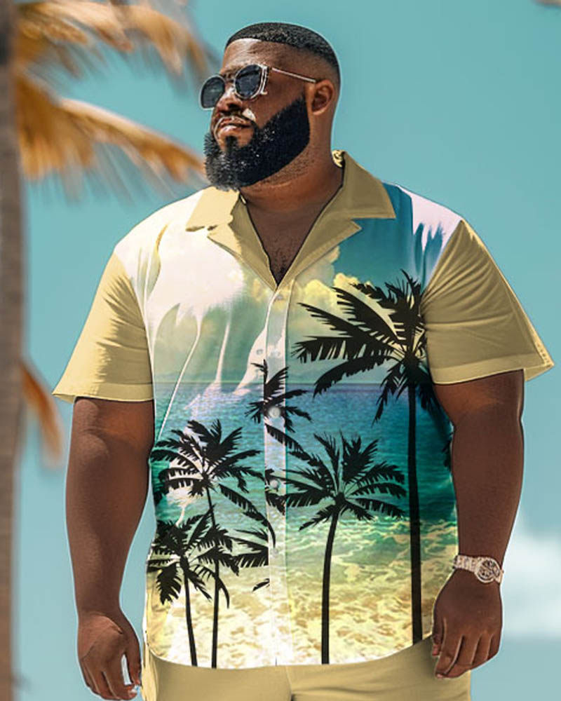 Men's Plus Size Beach Print Series Short Sleeve Shirt Shorts Suit