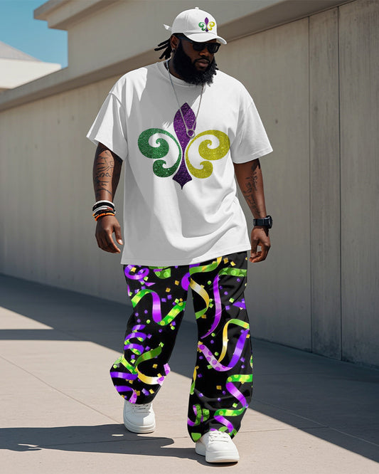 Men's Plus Size Orleans Mardi Gras Colorful Ribbon Print T-shirt Trousers Suit