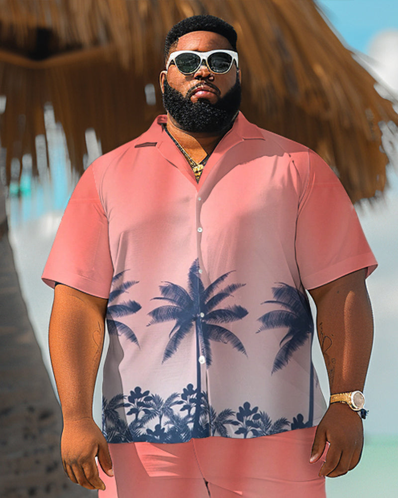 Men's Plus Size Hawaiian Gradient Plant Print Shirt Shorts Suit