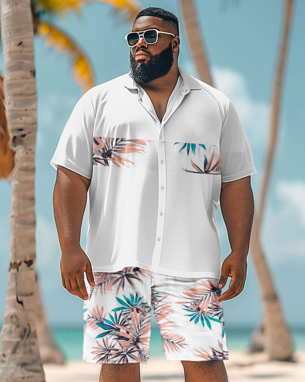 Men's Plus Size Simple Hawaiian Plant Print Shirt Shorts Suit