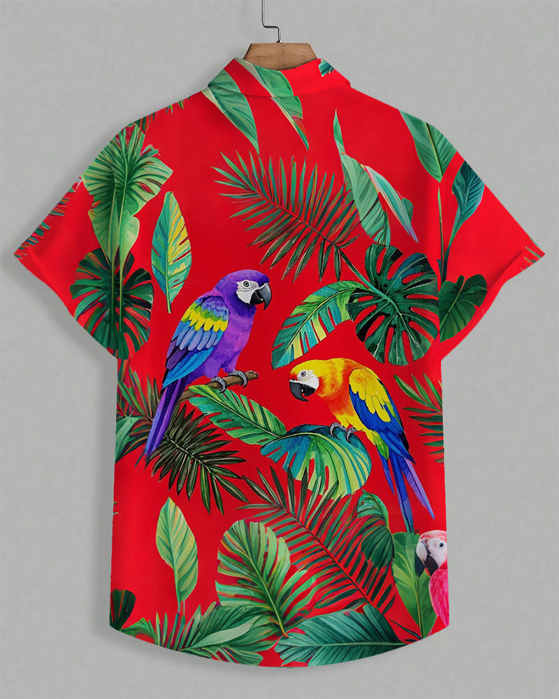 Men's Plus Size Hawaiian Red Parrot Leaf Print Short Sleeve Shirt