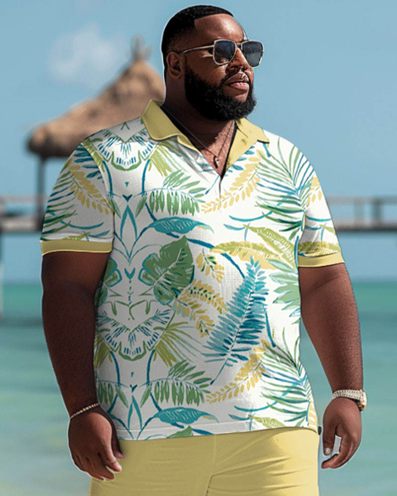 Men's Plus Size Hawaiian Tropical Leaf Polo Shorts Suit