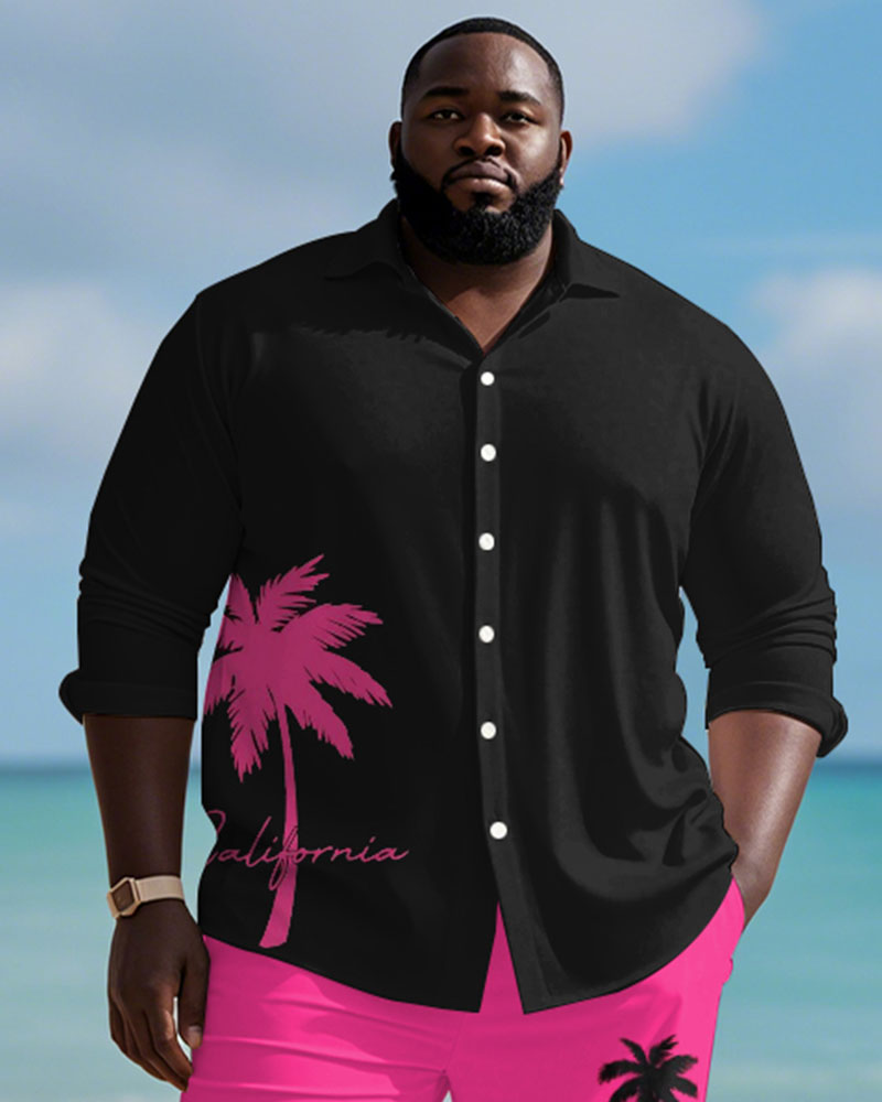 Men's Plus Size Hawaiian Coconut Tree Pink Letter Print Long Sleeve Shirt Trousers Suit