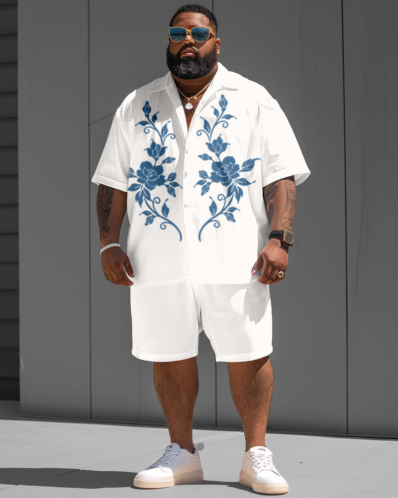 Men's Plus Size Simple Symmetrical Retro Flower Print Shirt Shorts Suit