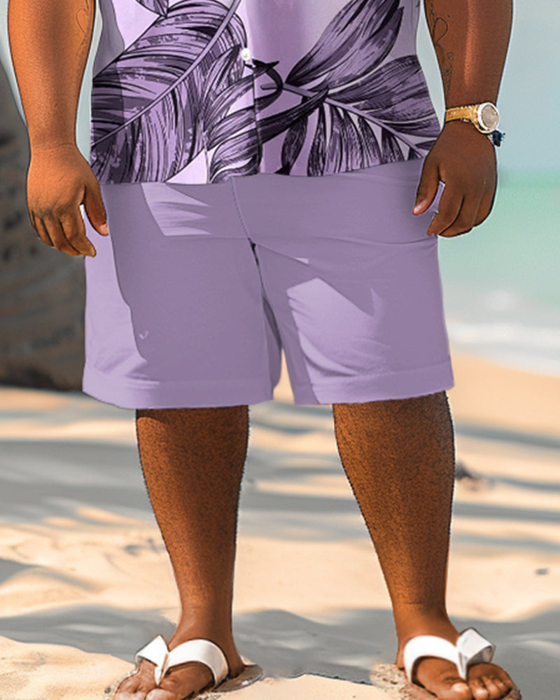 Big Men Hawaiian Plant Print Purple Shirt Shorts Set